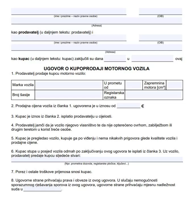 Besplatni primjerak kupoprodajnog ugovora za motorno vozilo u PDF formatu 2 ugovor o kupoprodaji automobila